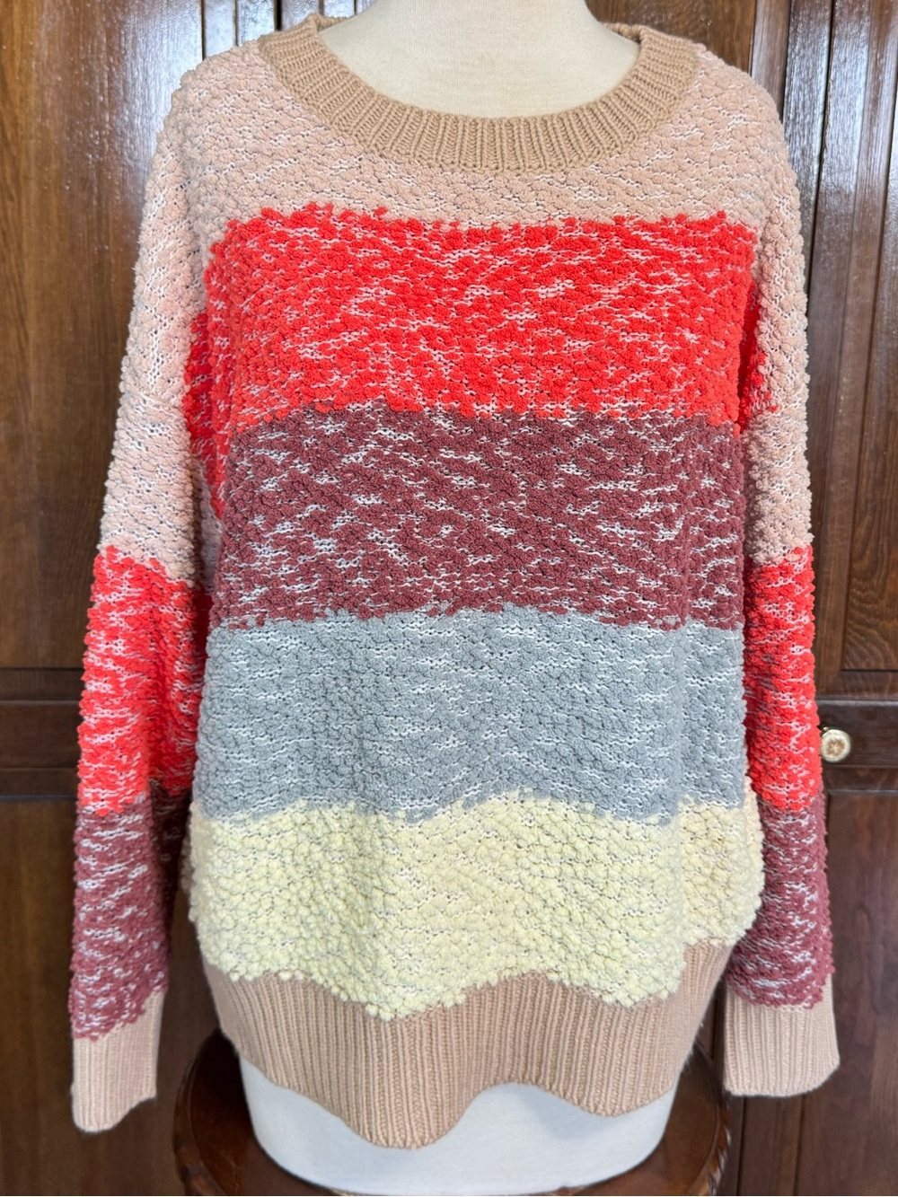 Baevely Striped Fall Colorblock Popcorn Knit  Oversized Cozy Crew Neck Sweater S